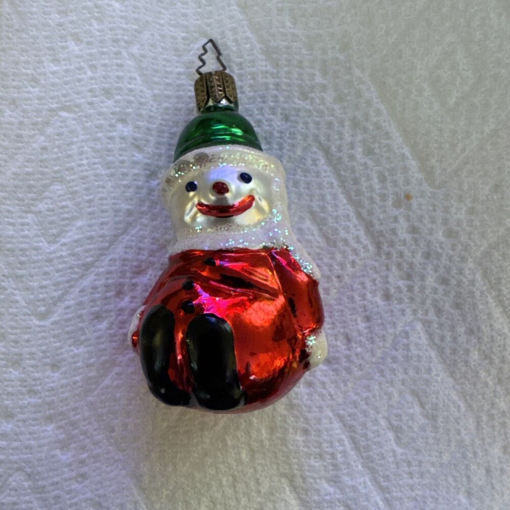 COLORFUL CZECH REPUBLIC SITTING SNOWMAN GLASS ORNAMENT Vintage Red
